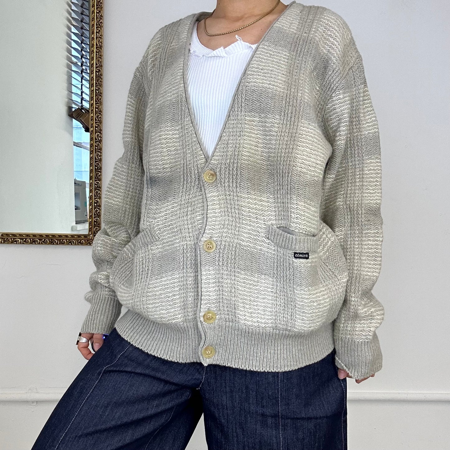 vintage 100% virgin wool grey checkered cardigan