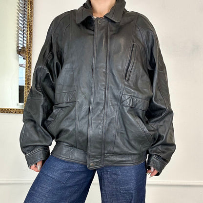 vintage black leather bomber jacket