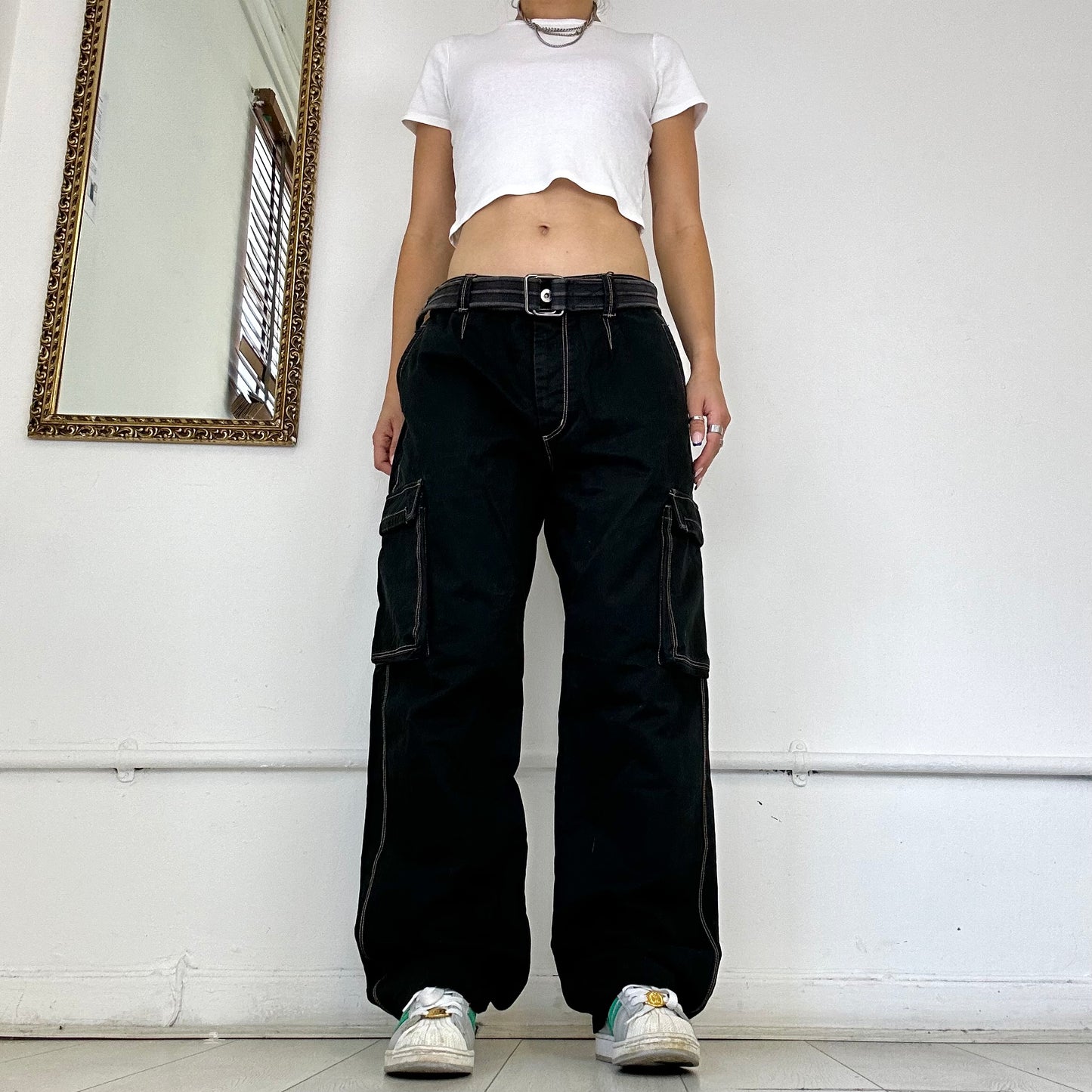 black contrast stitch baggy cargo trousers