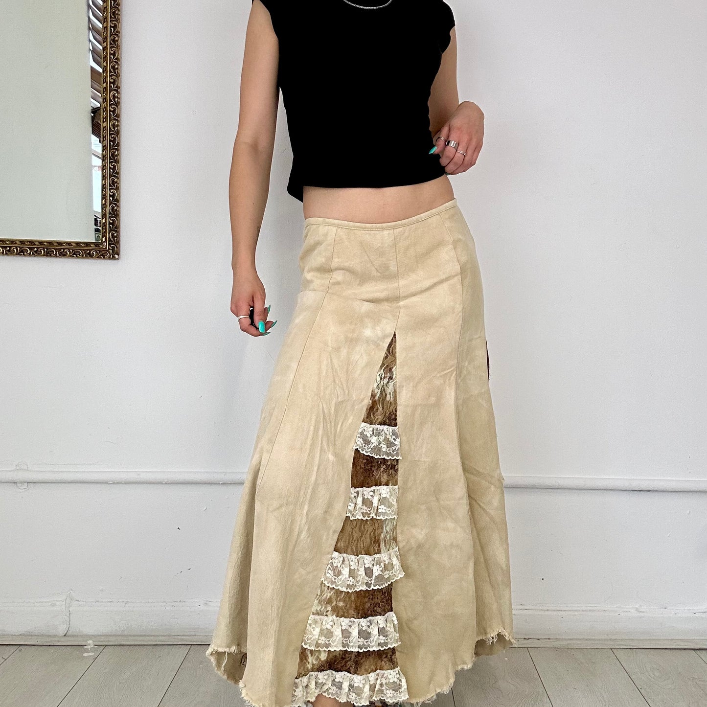 vintage maxi skirt with mesh inserts