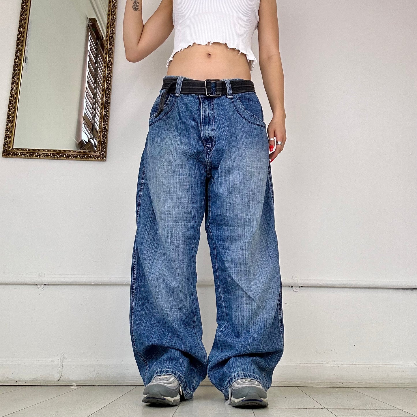 wide leg baggy embroidered jeans