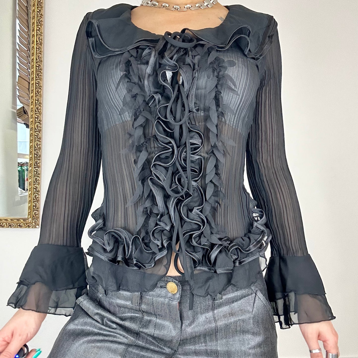 90's black sheer frilly blouse