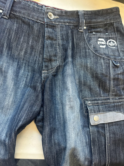 baggy dark wash denim cargo shorts