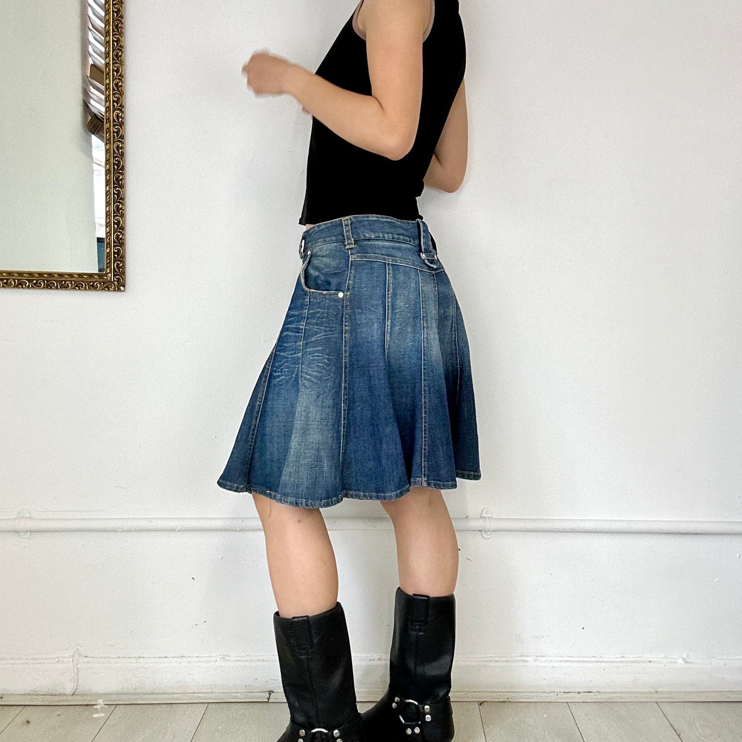 pleated denim mini skirt