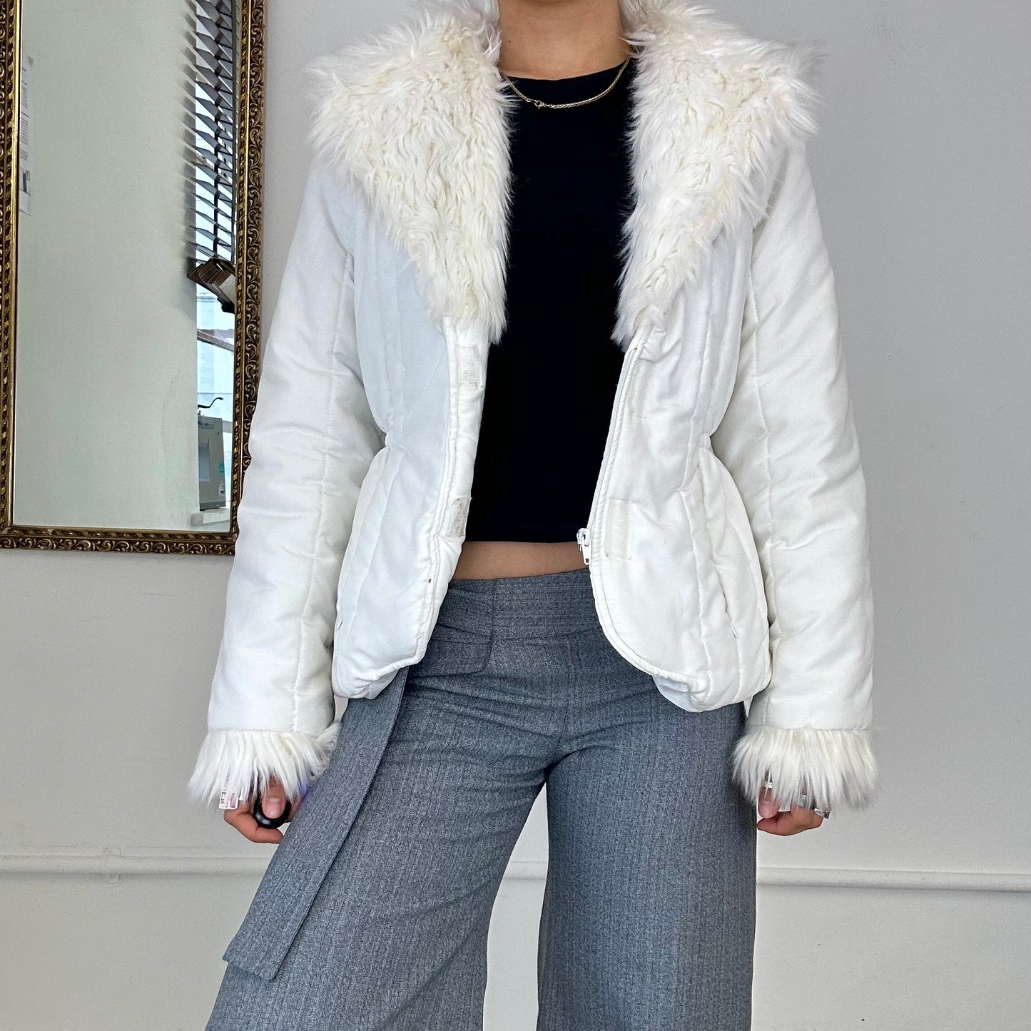 2000's white fur puffer coat