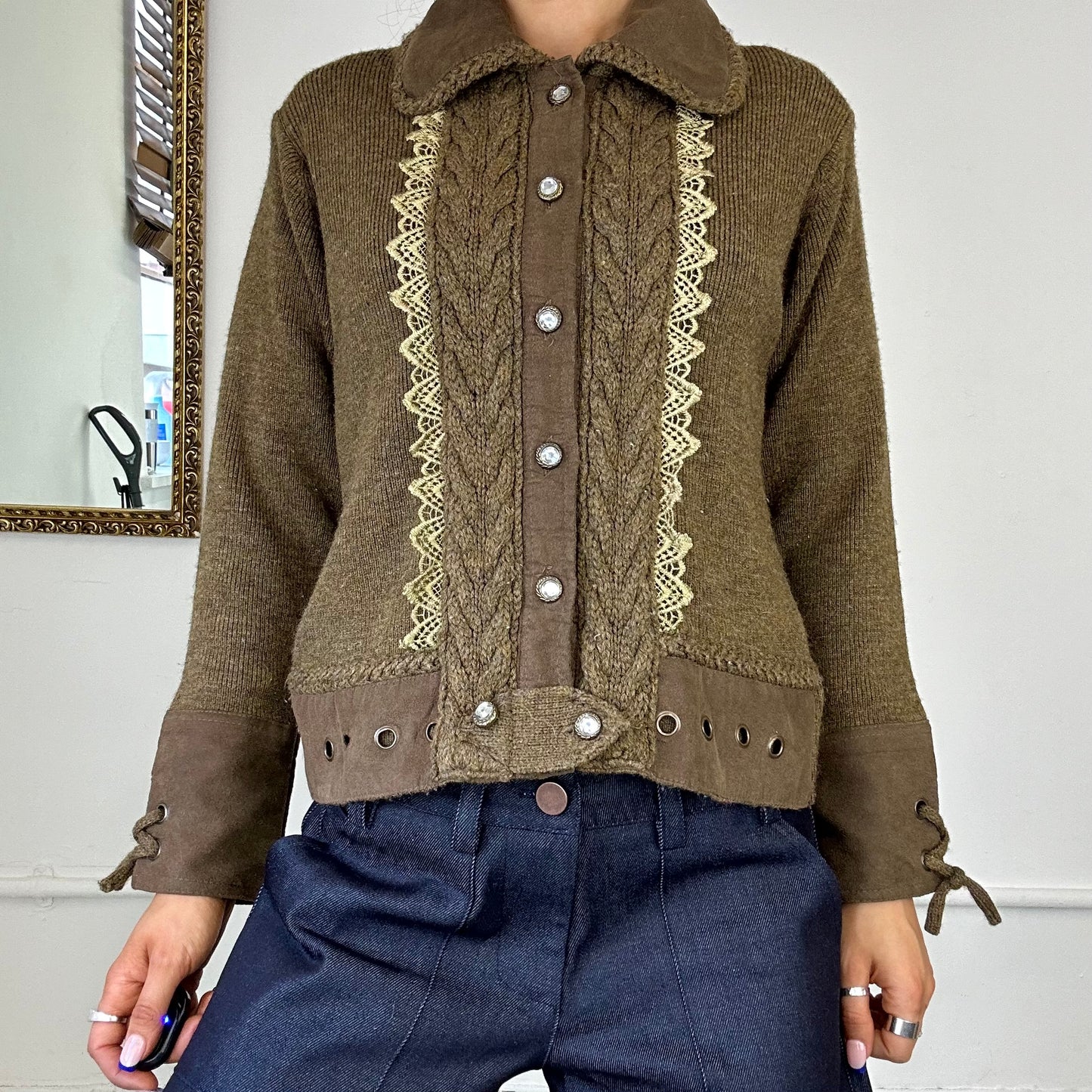 90's brown knitted zip up cardigan