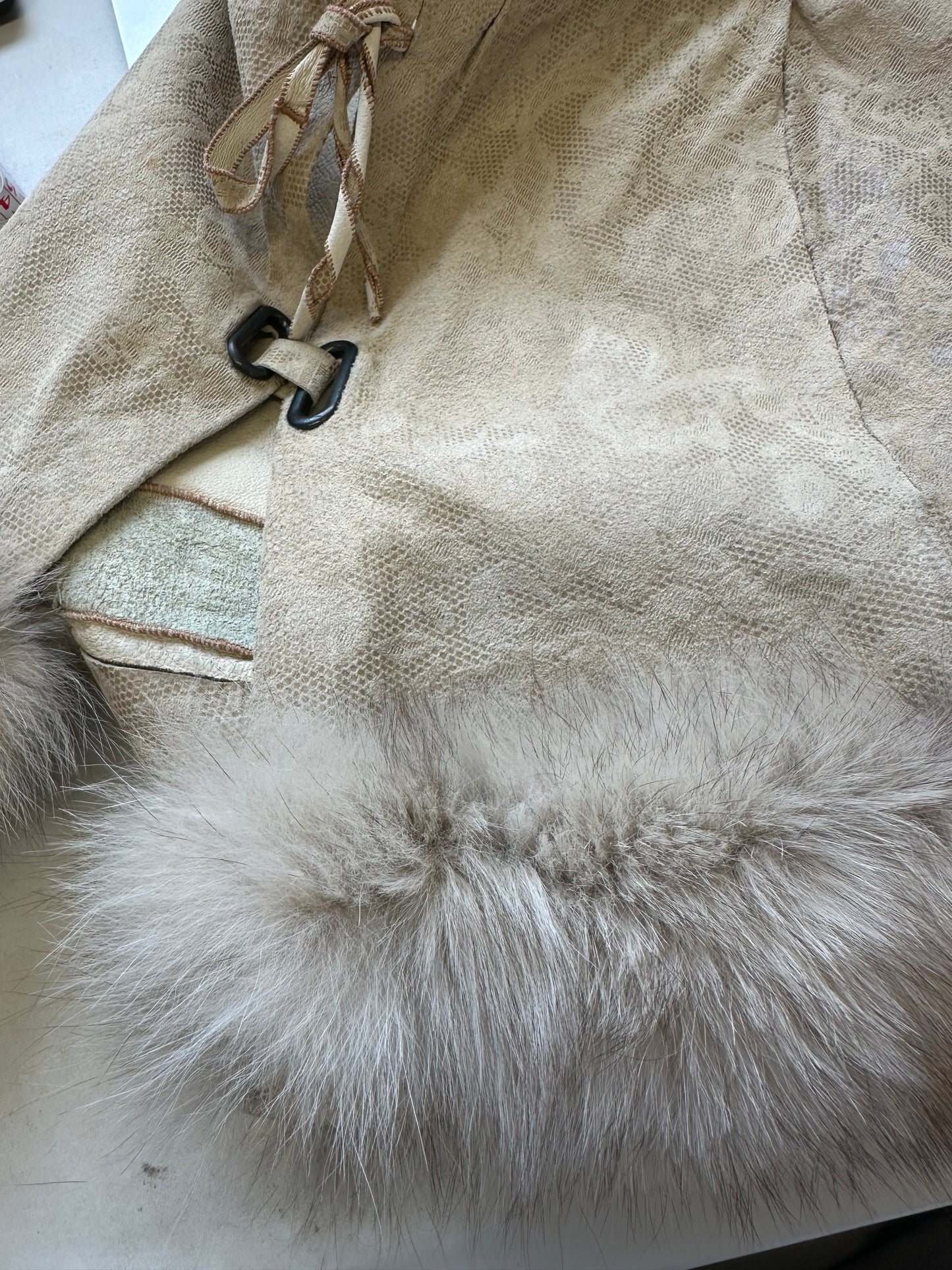 beige vintage wrap leather & fur mini skirt