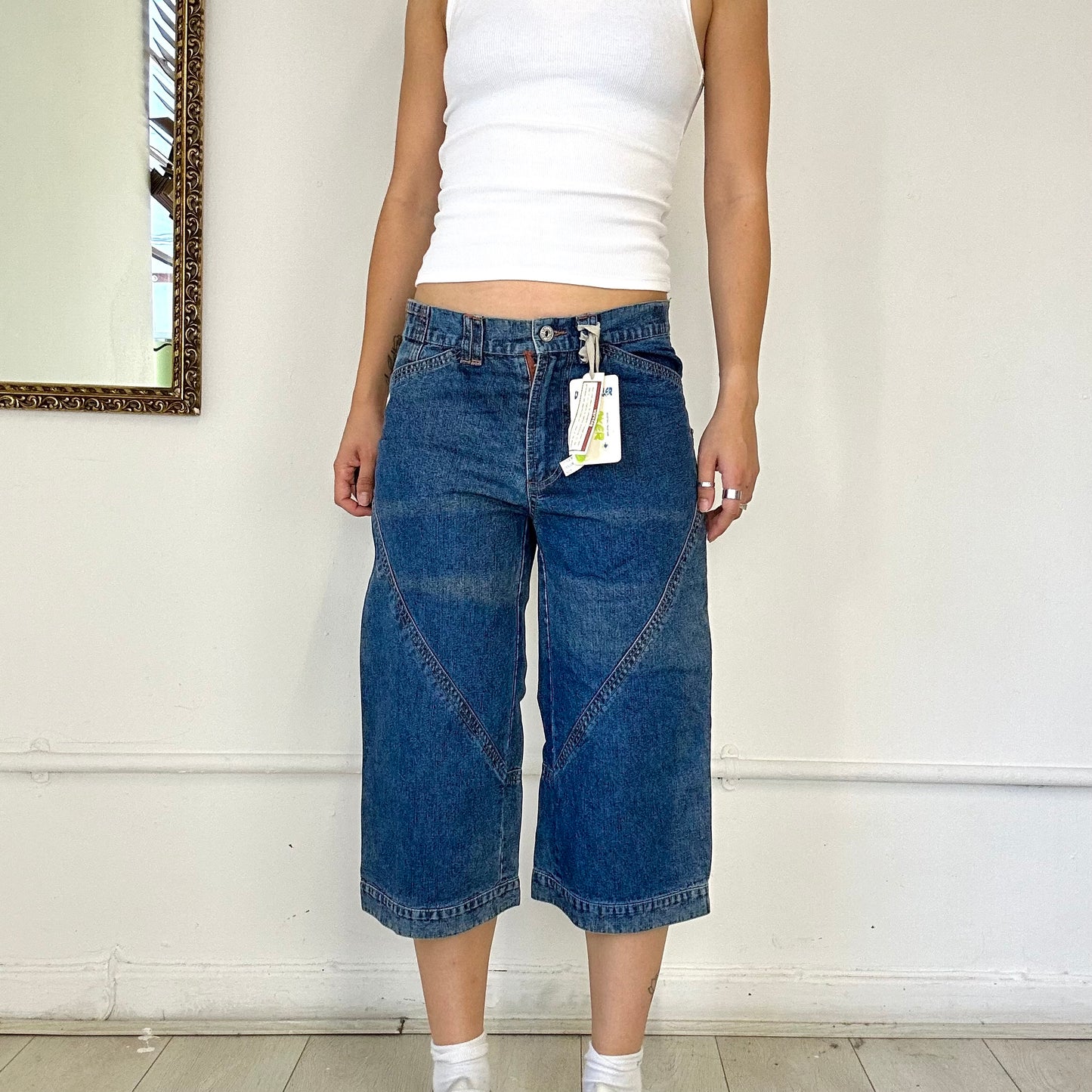 dark wash denim long cargo jorts