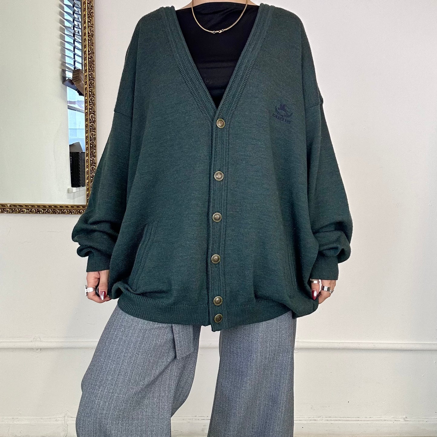 burberrys green wool knitted button up cardigan