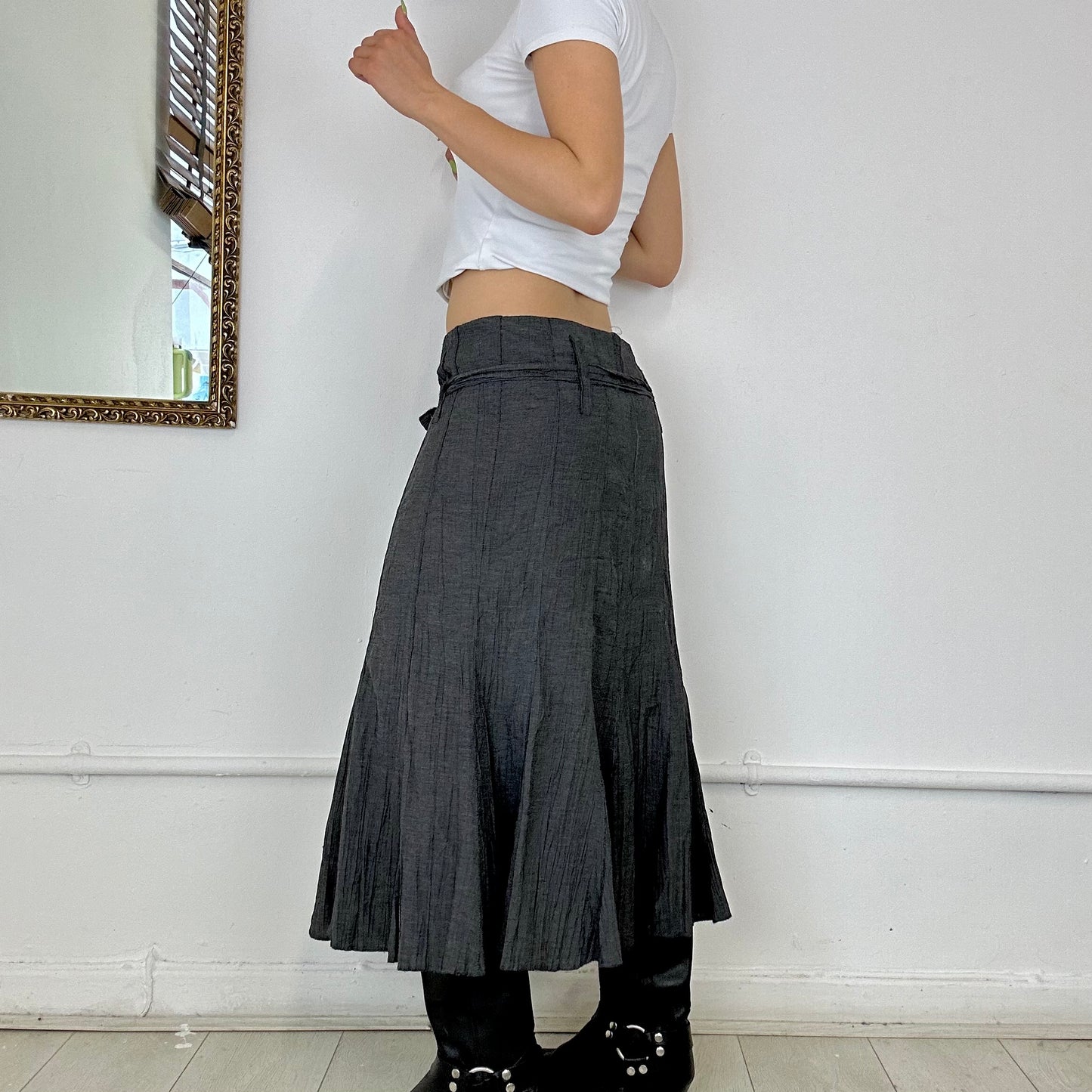 grey crinkle pleated maxi skirt