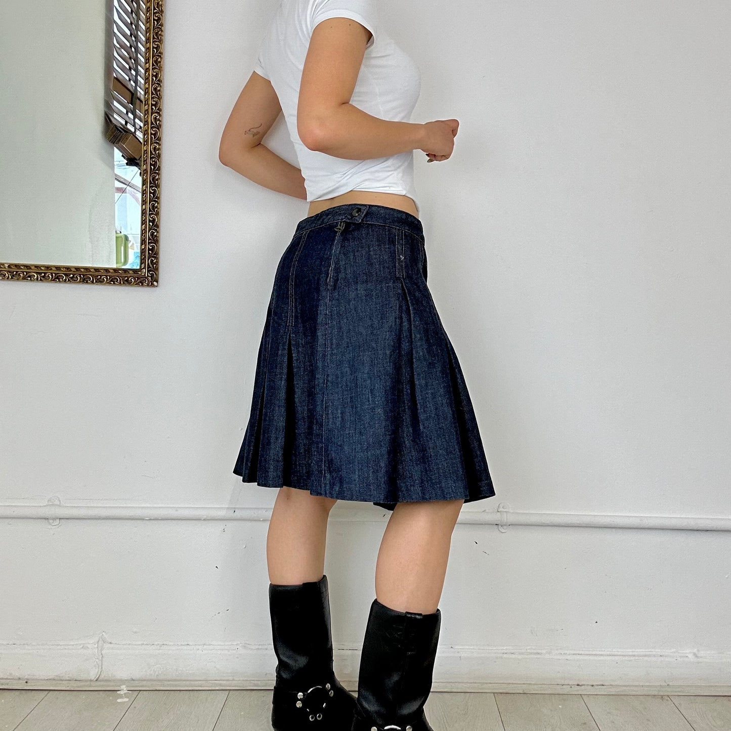 pleated navy denim midi skirt