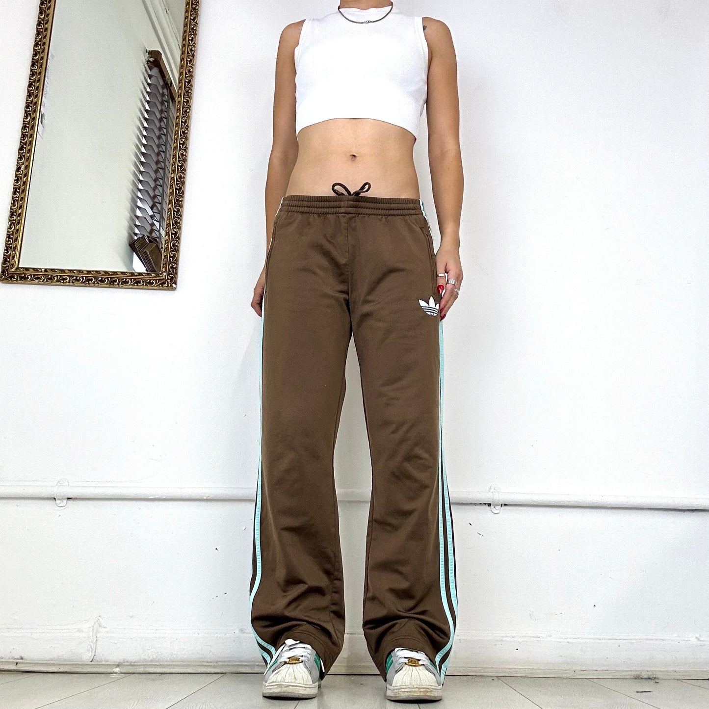 90’s adidas  brown & blue three stripe baggy joggers