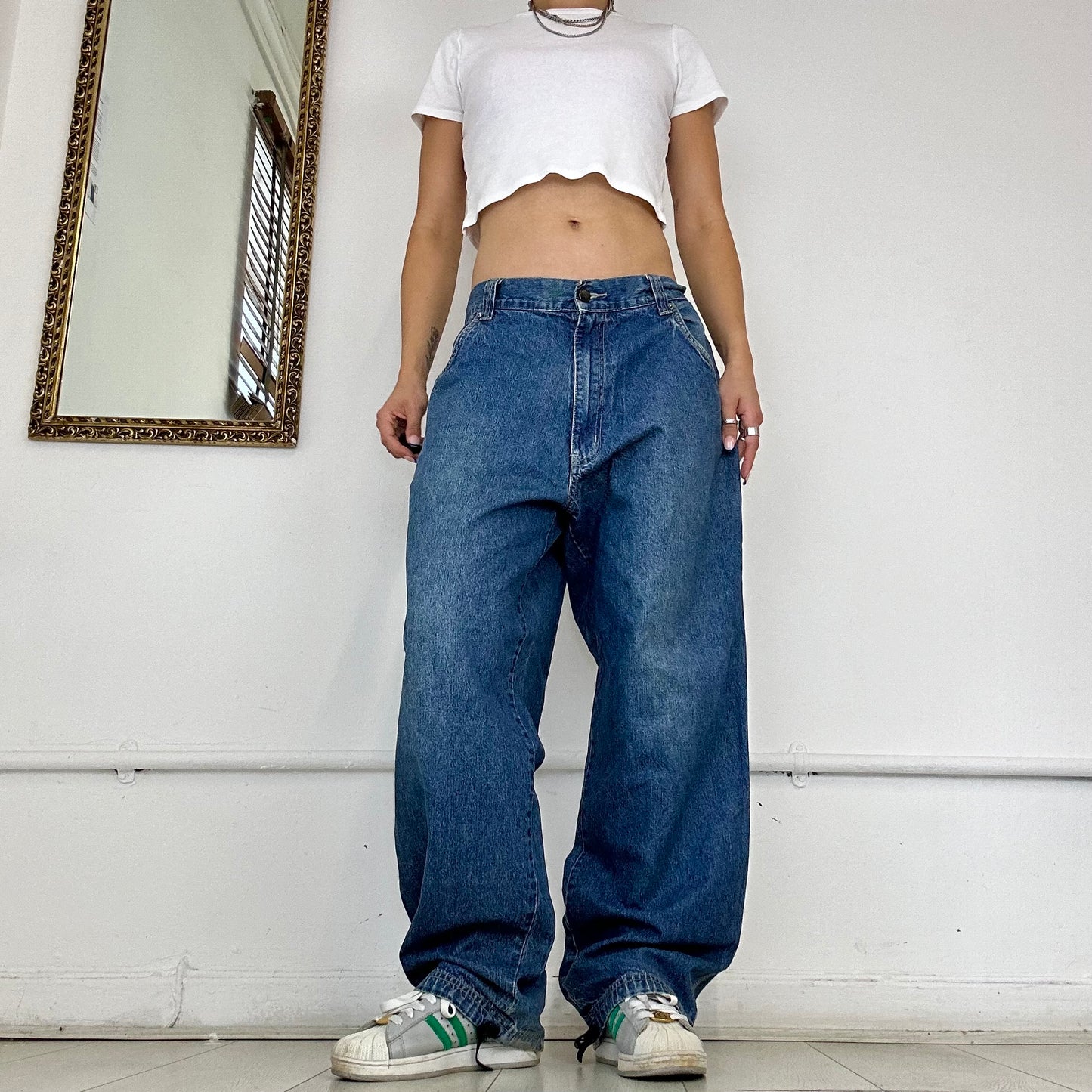 mid wash baggy cargo jeans