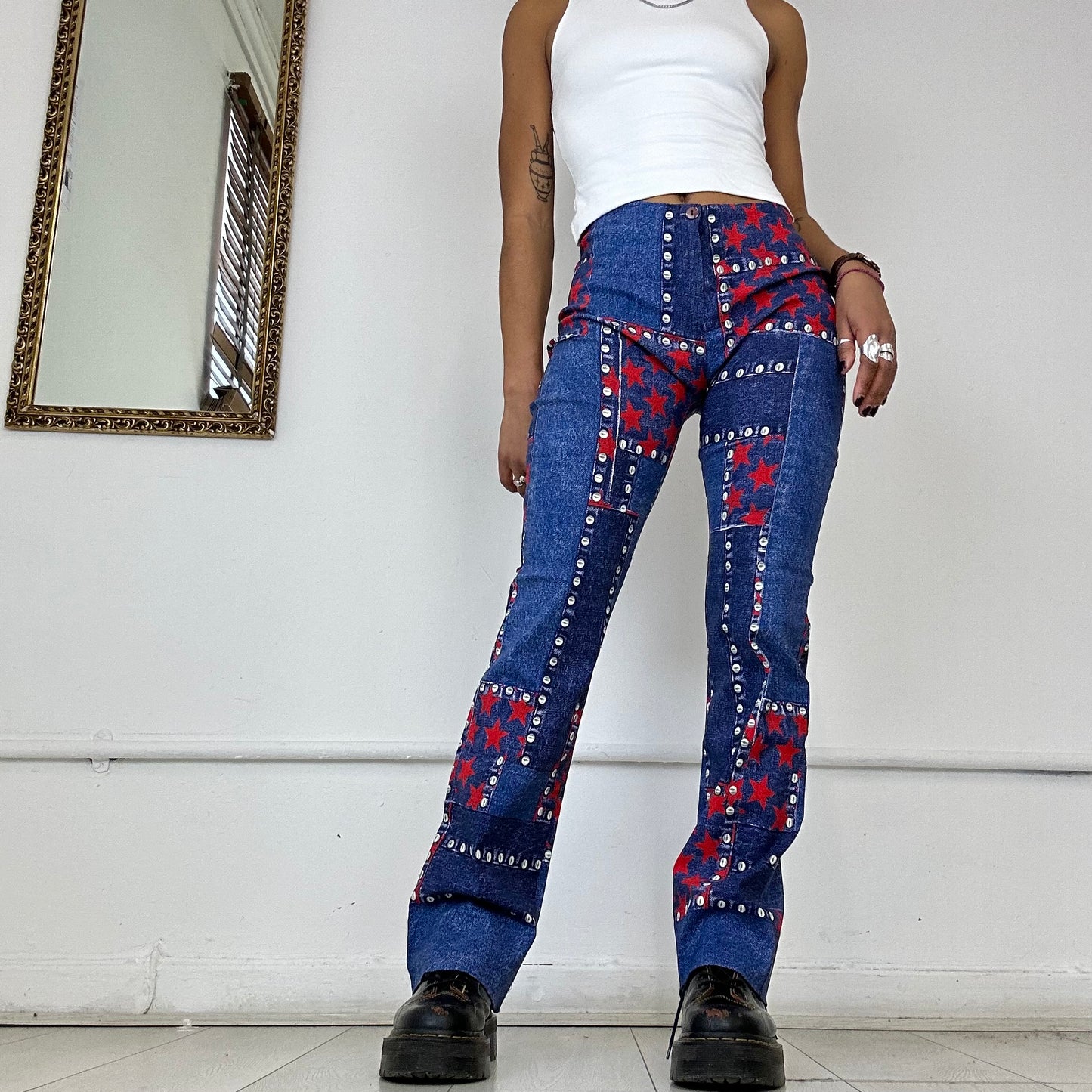 00’s printed patchwork flare trousers