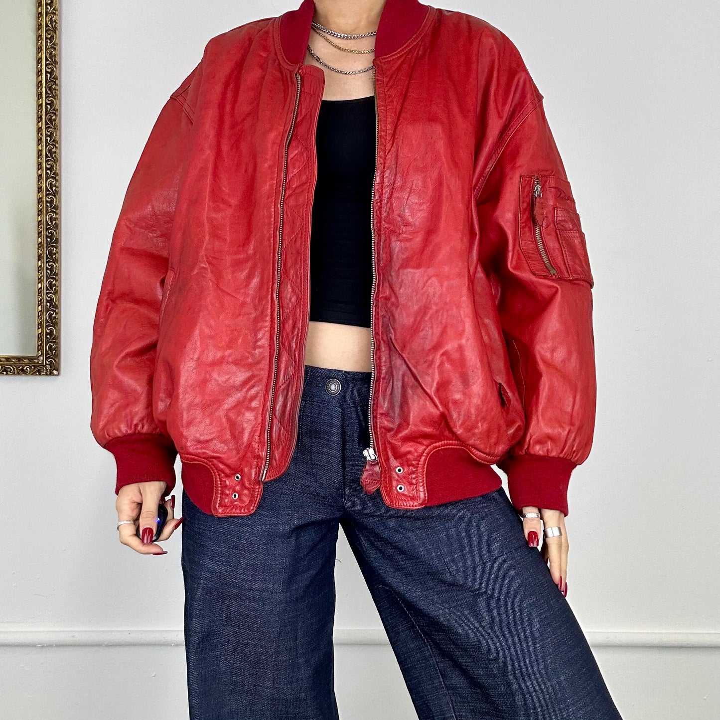 diesel red leather bomber jacket