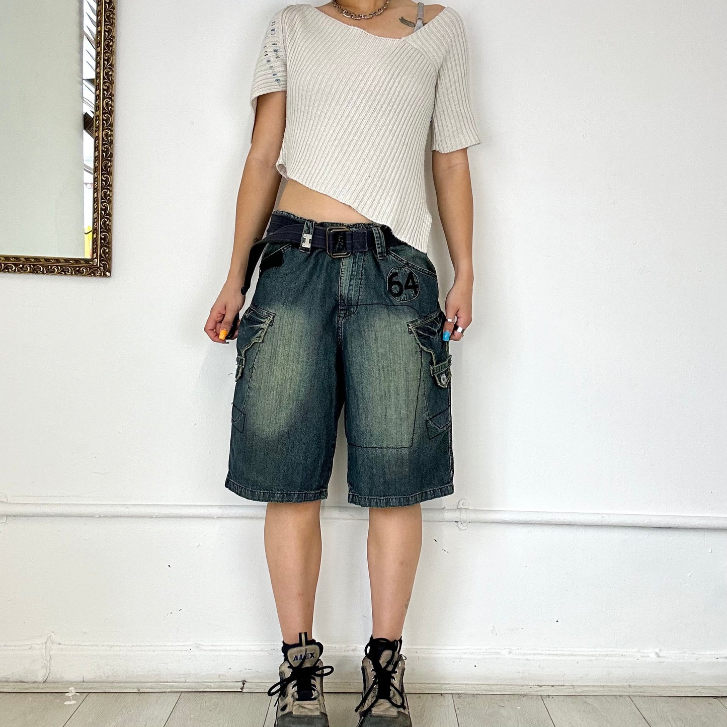 dark wash denim cargo jorts