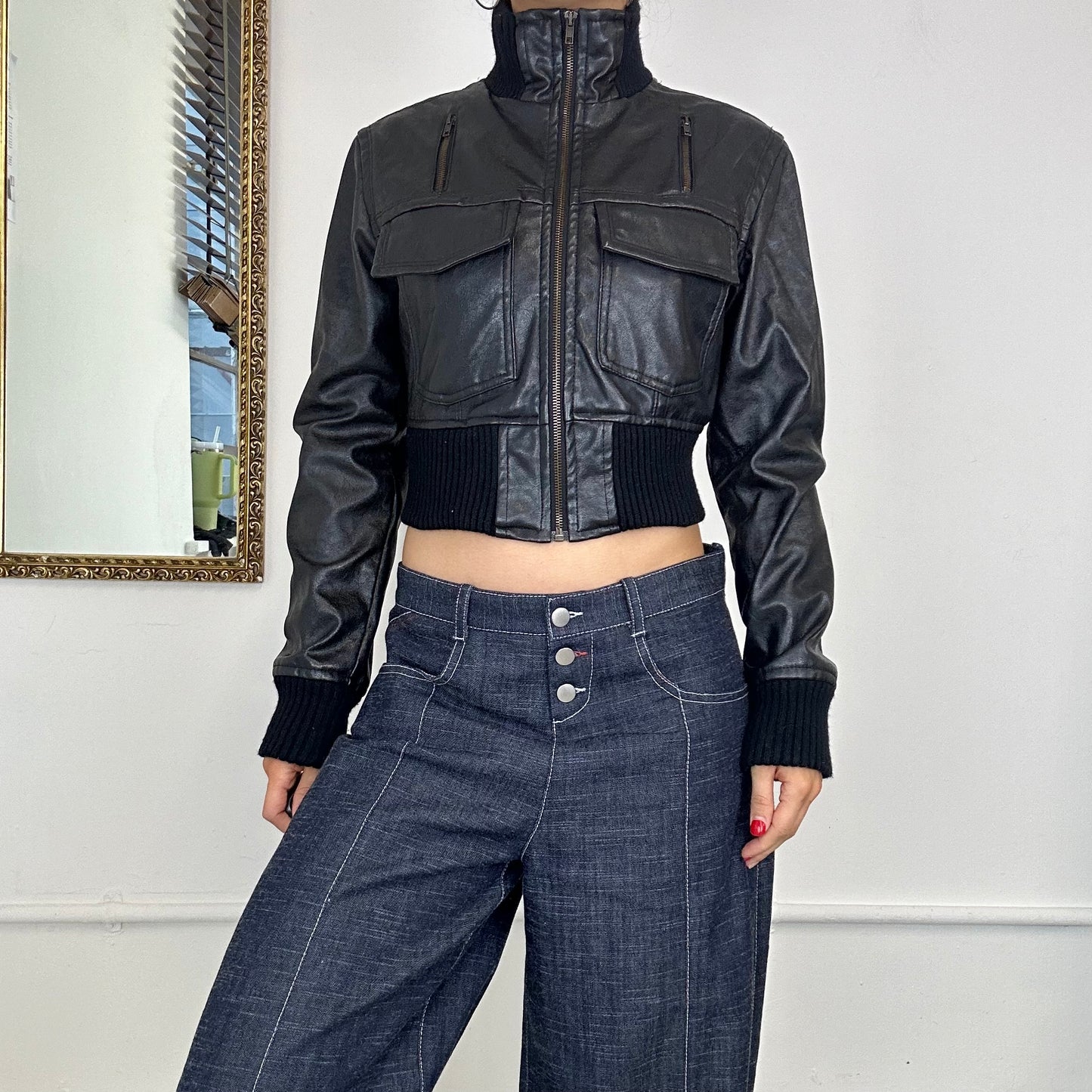 cropped black faux leather jacket