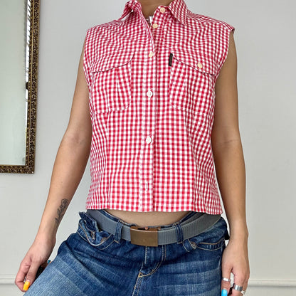 avirex red gingham sleeveless blouse