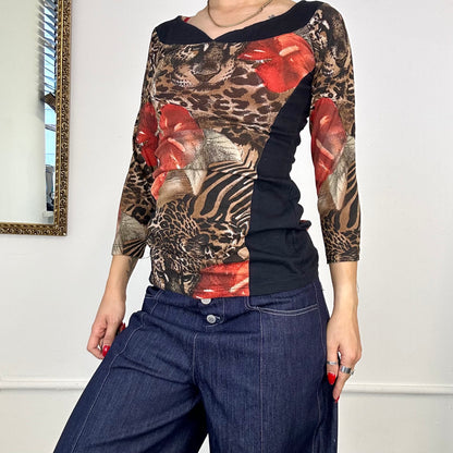 vintage cheetah graphic print long sleeve top