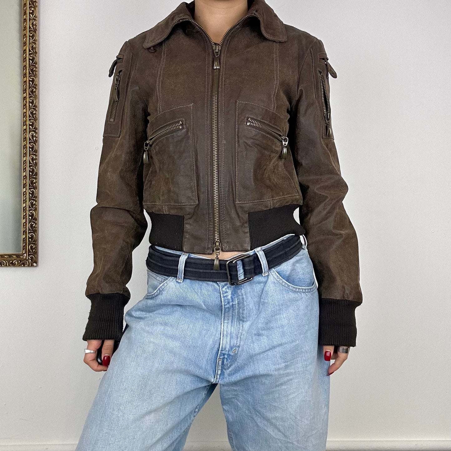 vintage brown leather bomber jacket