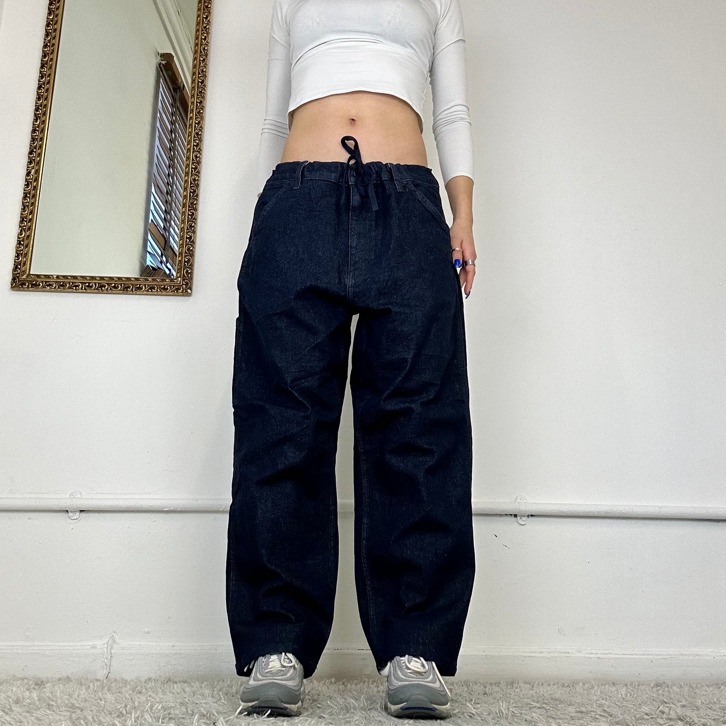 dark wash baggy jeans with drawstring