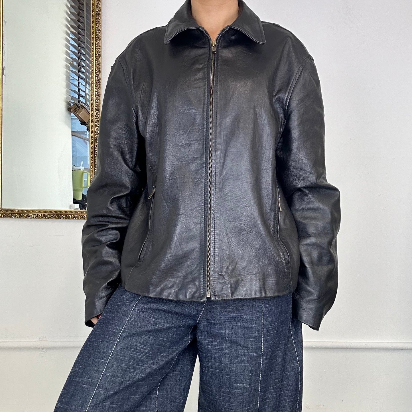 vintage black leather zip up jacket