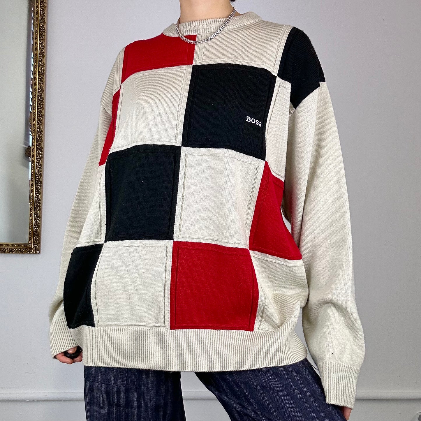 90's boss checkered knitted jumper