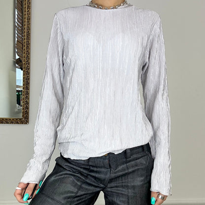 long sleeve silver crinkle top