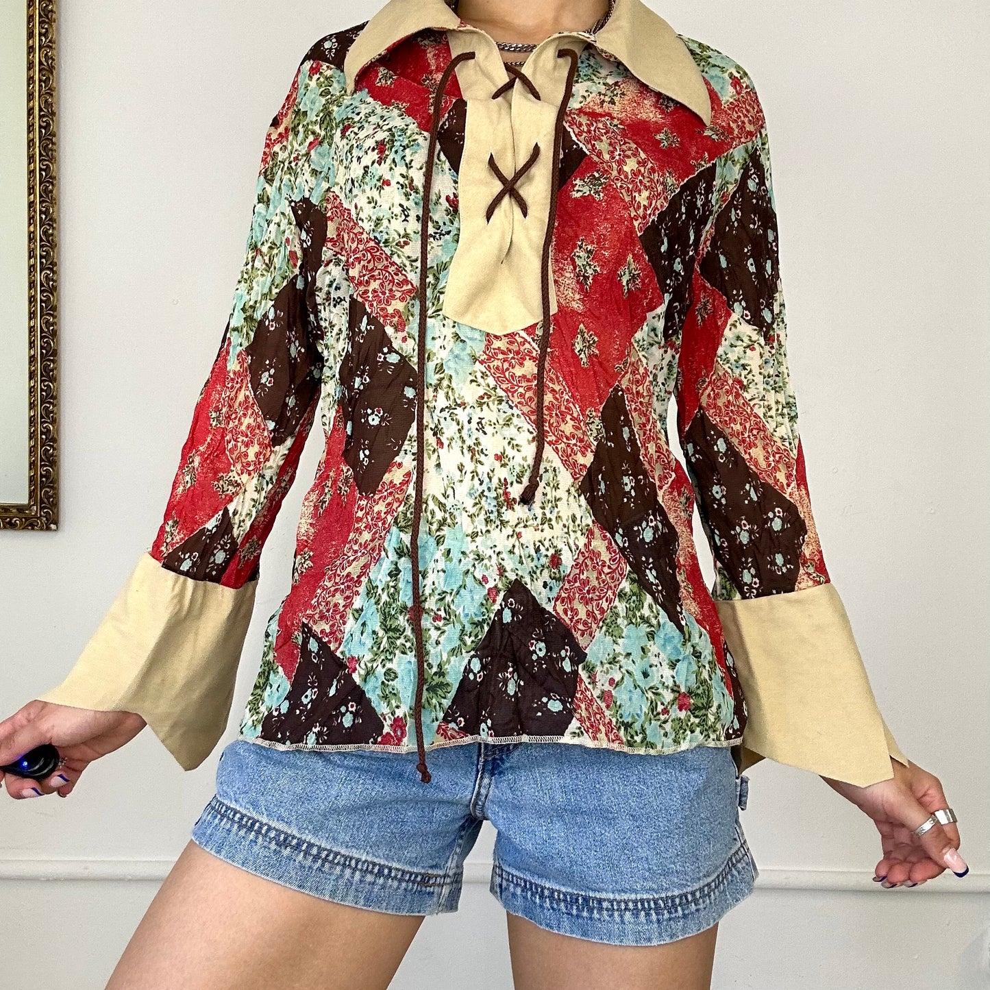 2000's patterned lace up shirt