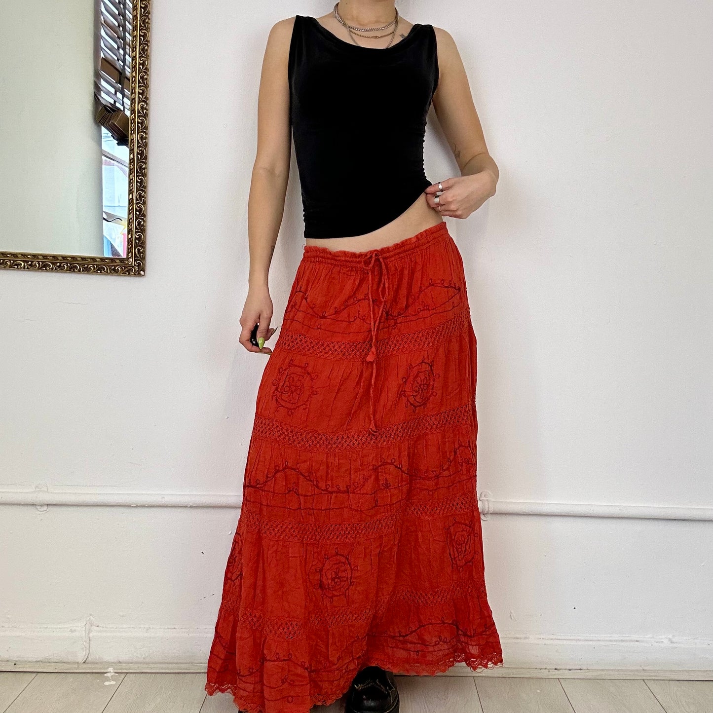 burnt orange 2000's tiered maxi skirt