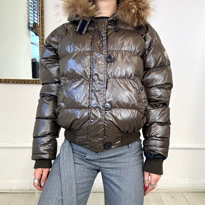 moncler brown hooded puffer coat