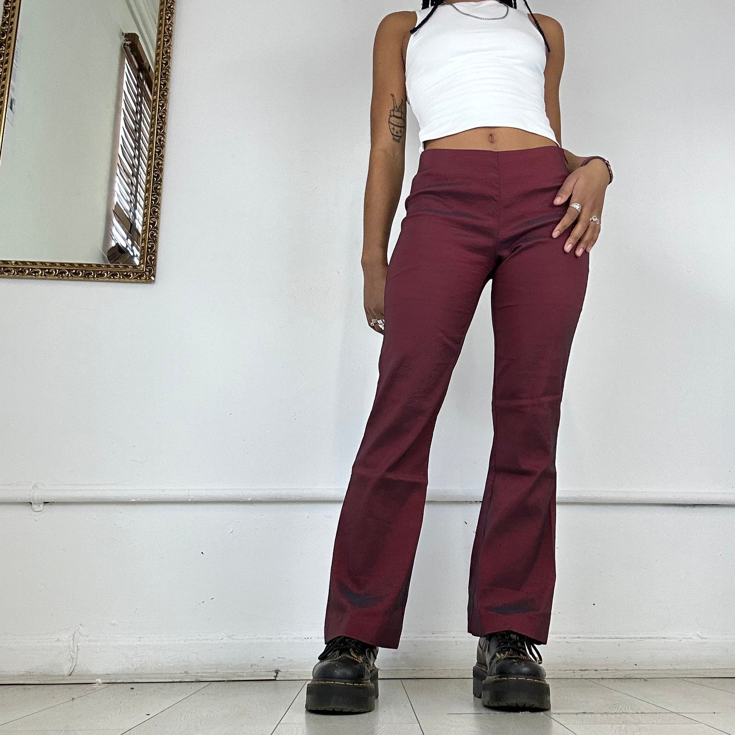 90’s pimkie red iridescent flared trousers