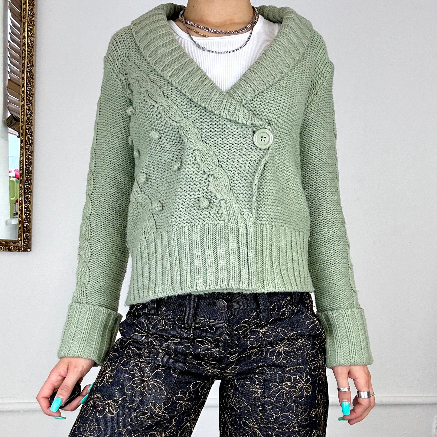 sage green asymmetric knitted cardigan