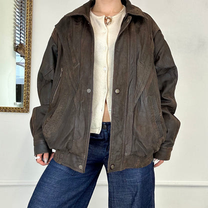 vintage brown leather bomber jacket