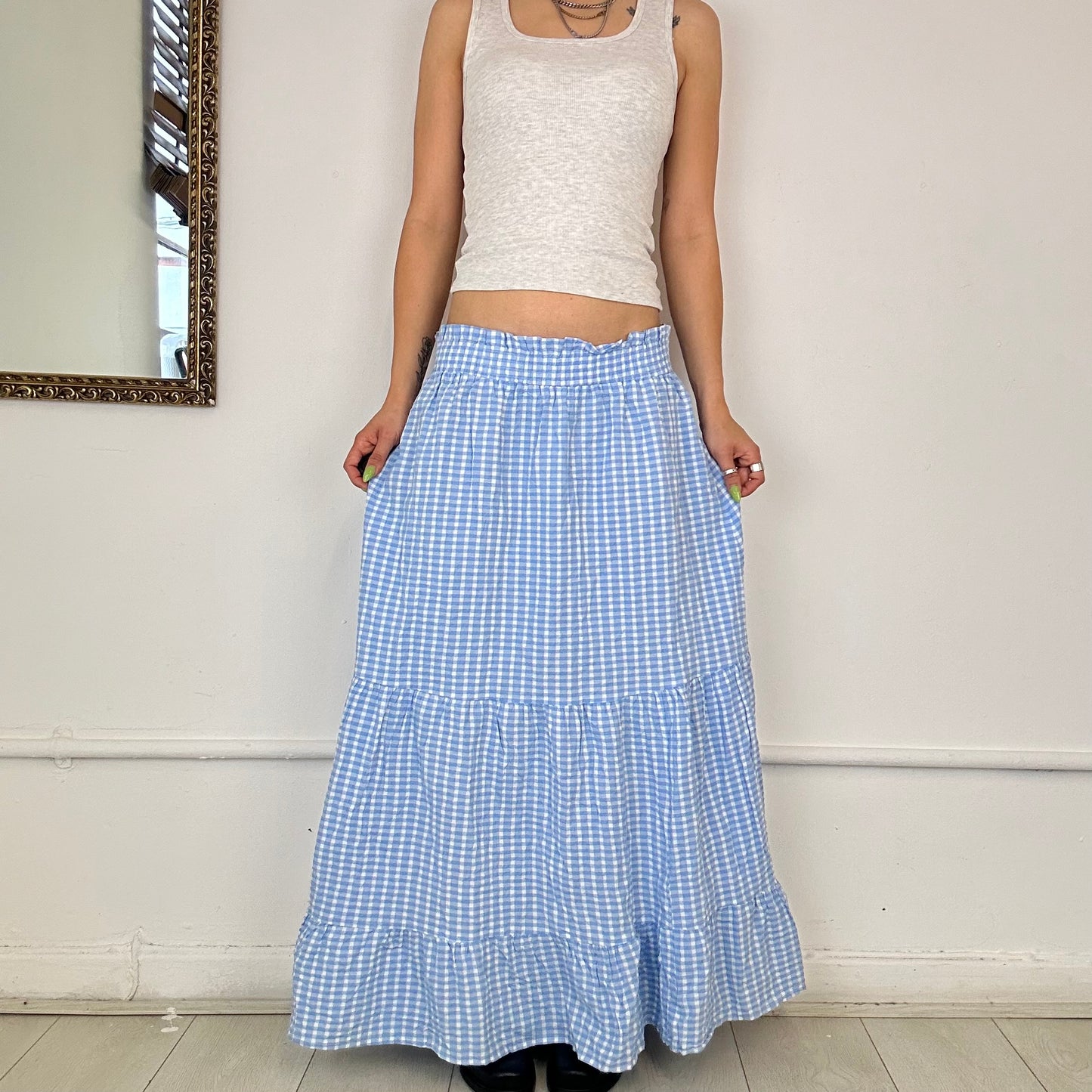 light blue gingham maxi skirt