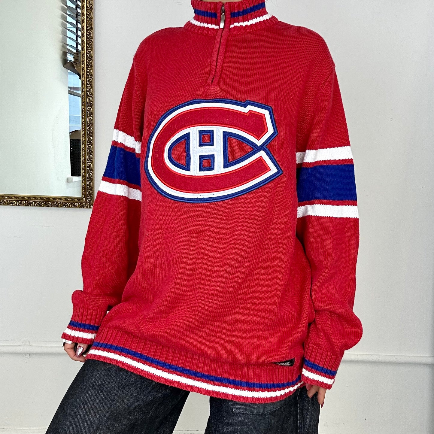 red hockey jersey quarter zip knitted jumper