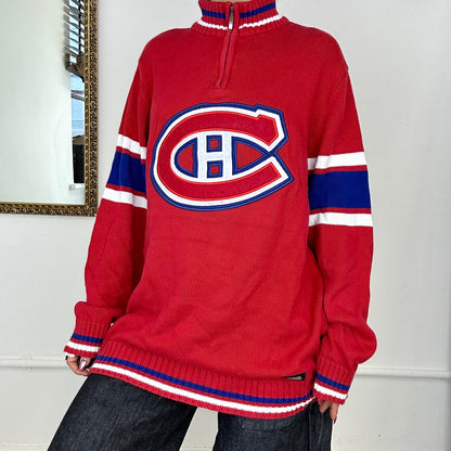 red hockey jersey quarter zip knitted jumper