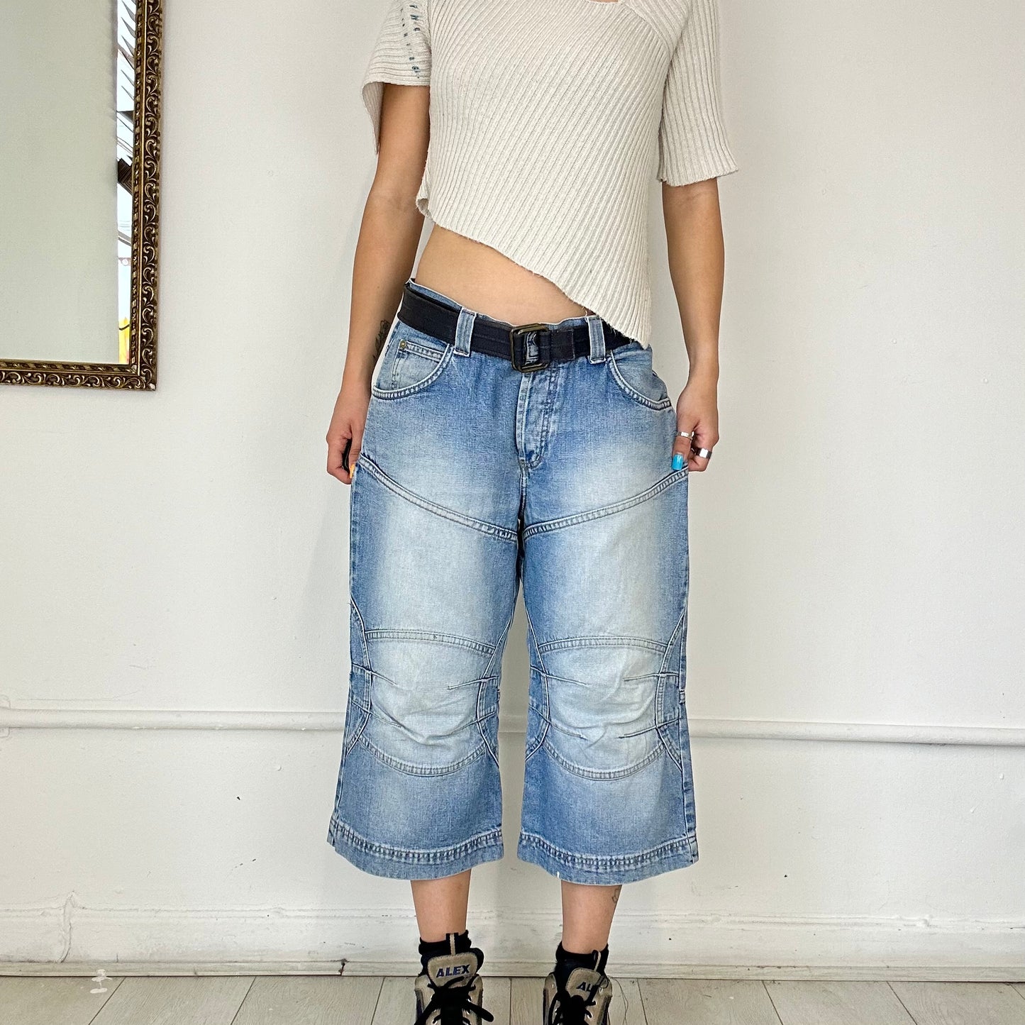 light wash long denim shorts