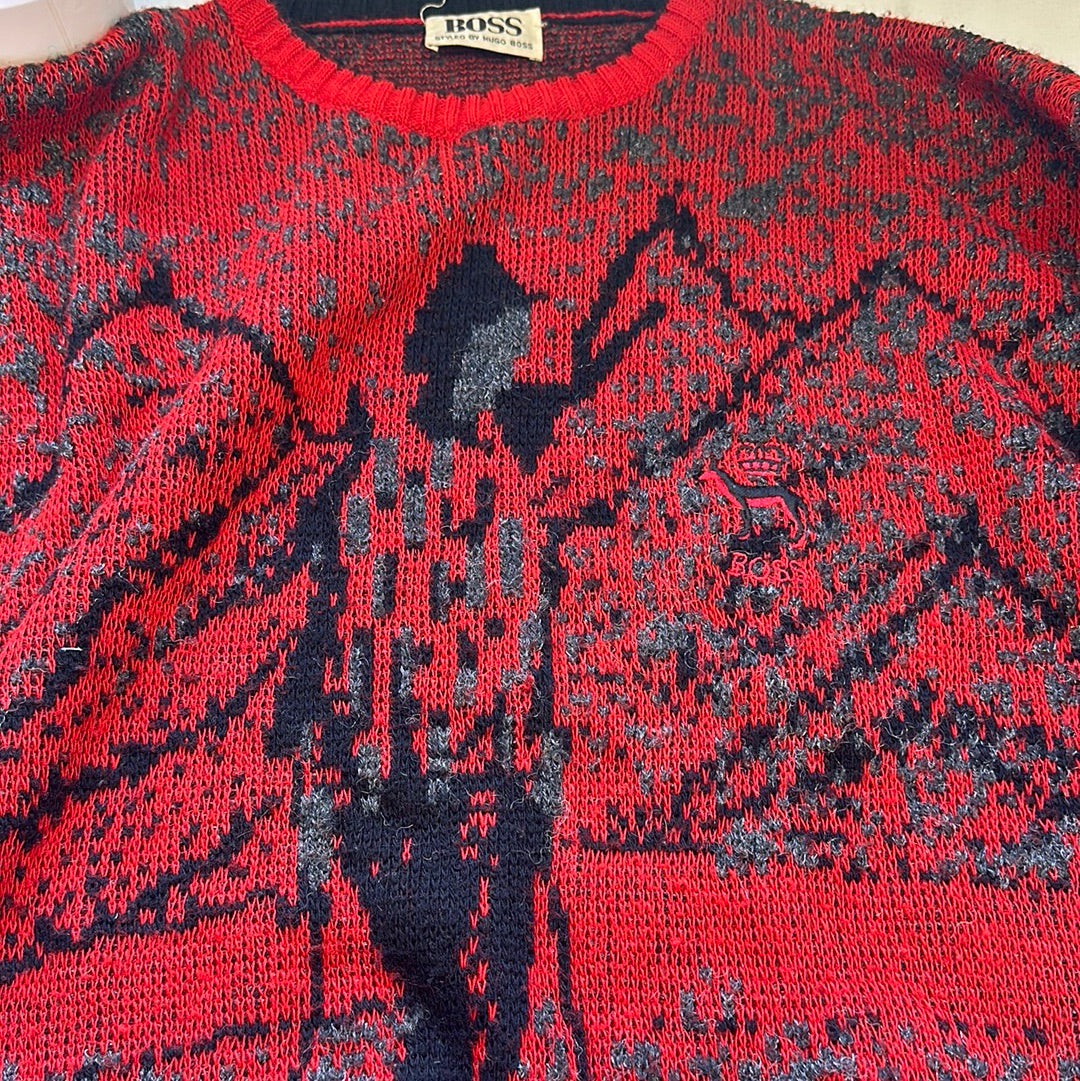 vintage red graphic hugo boss knit jumper