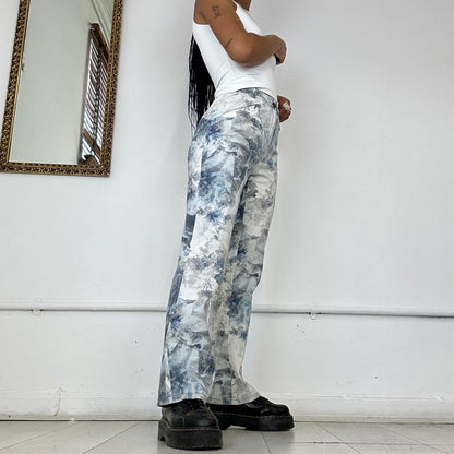 floral blue and white straight leg jeans