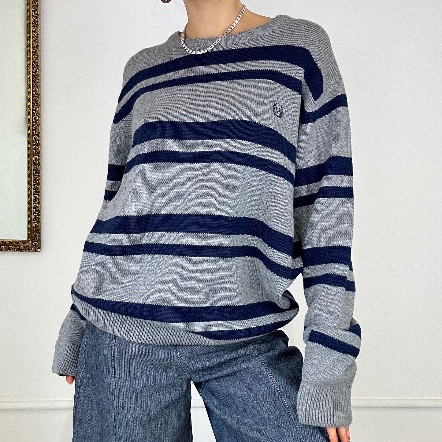 cjaps grey and navy striped knitted jumper