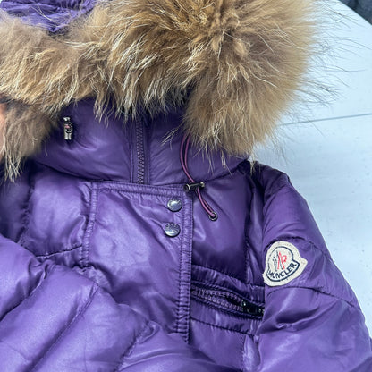 vintage moncler purple zip up hooded puffer coat