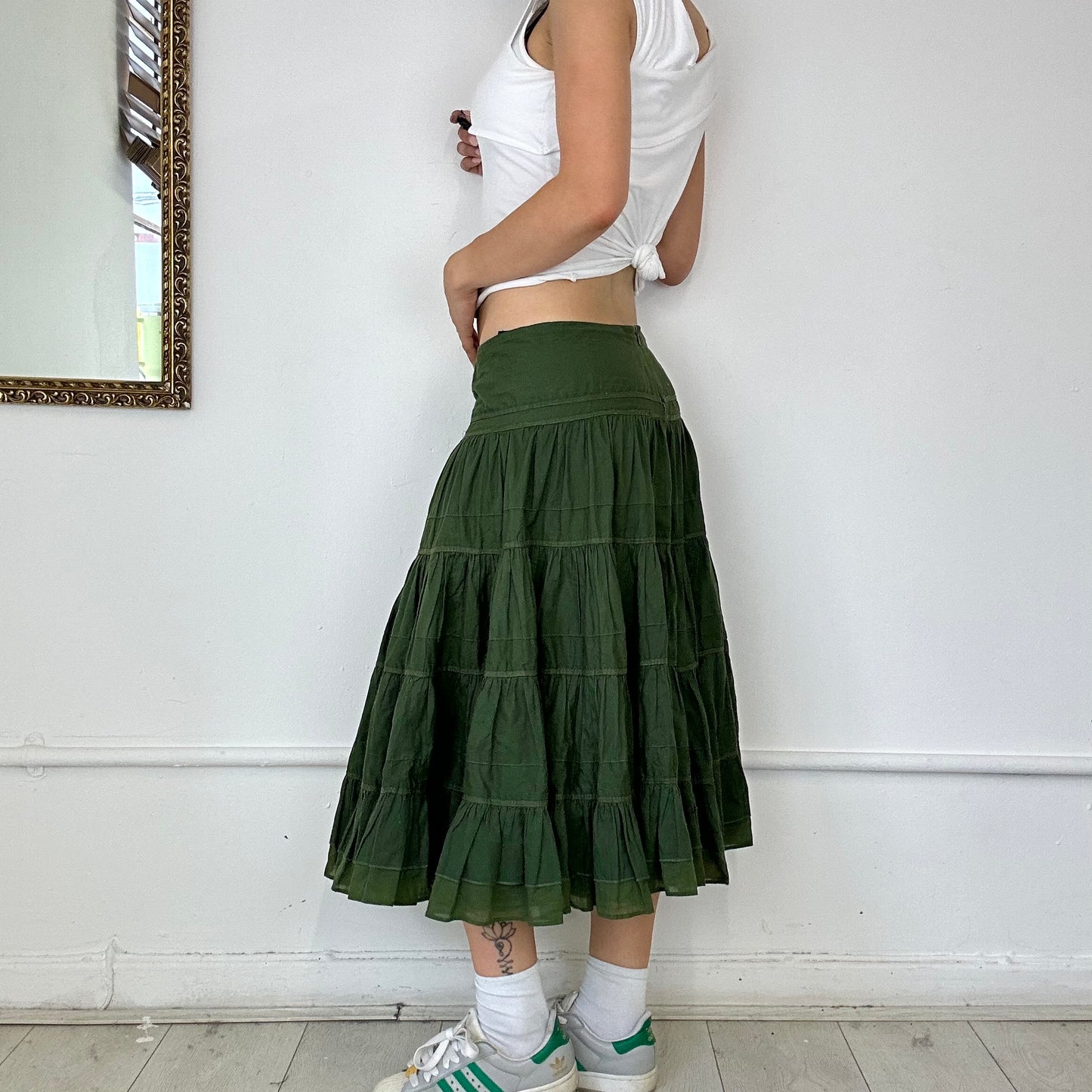 green tiered flowy maxi skirt