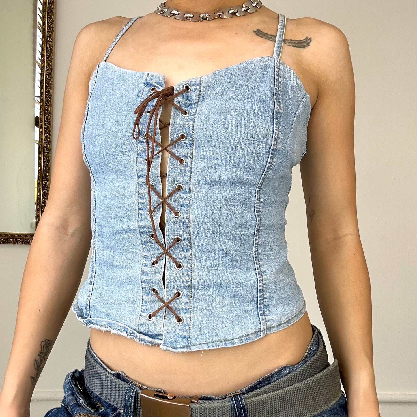 2000's lace up denim corset top