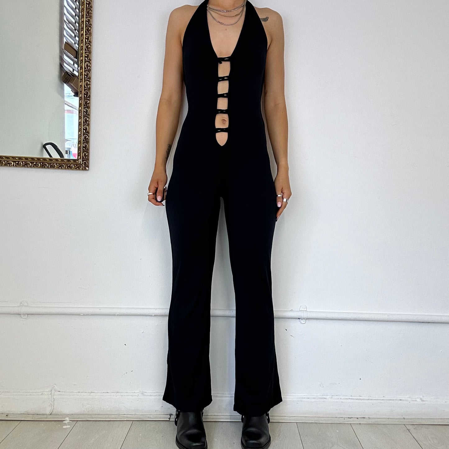 black halter neck cutout jumpsuit