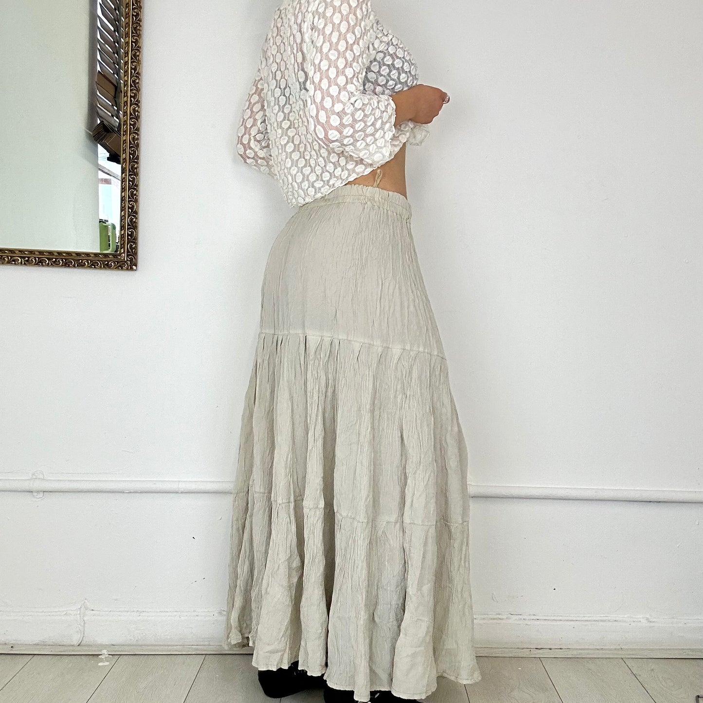 vintage crinkle tiered maxi skirt