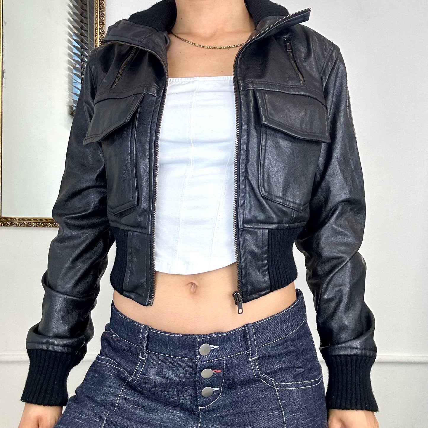 cropped black faux leather jacket