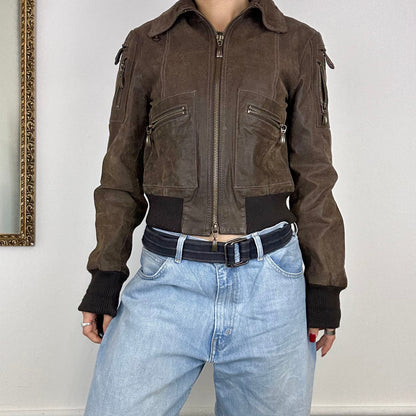 vintage brown leather bomber jacket