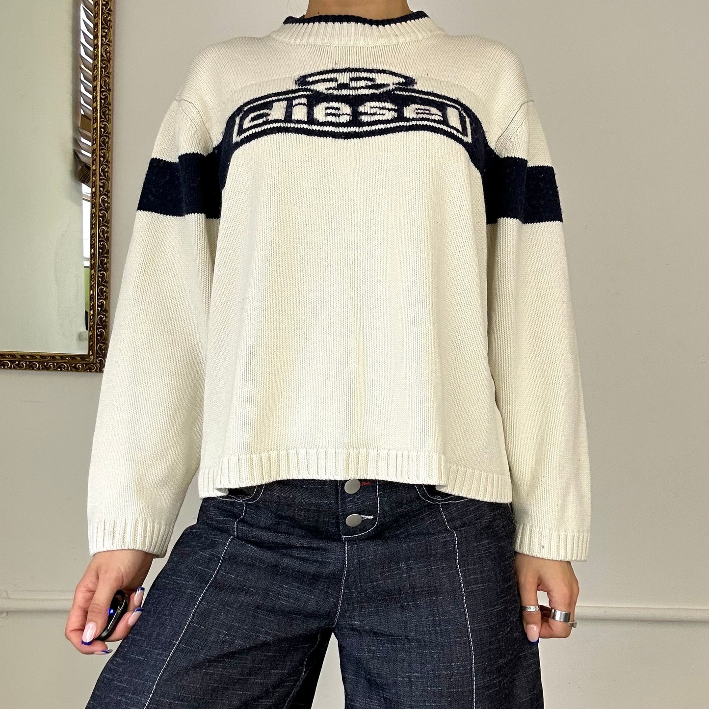 vintage diesel cream knit logo jumper