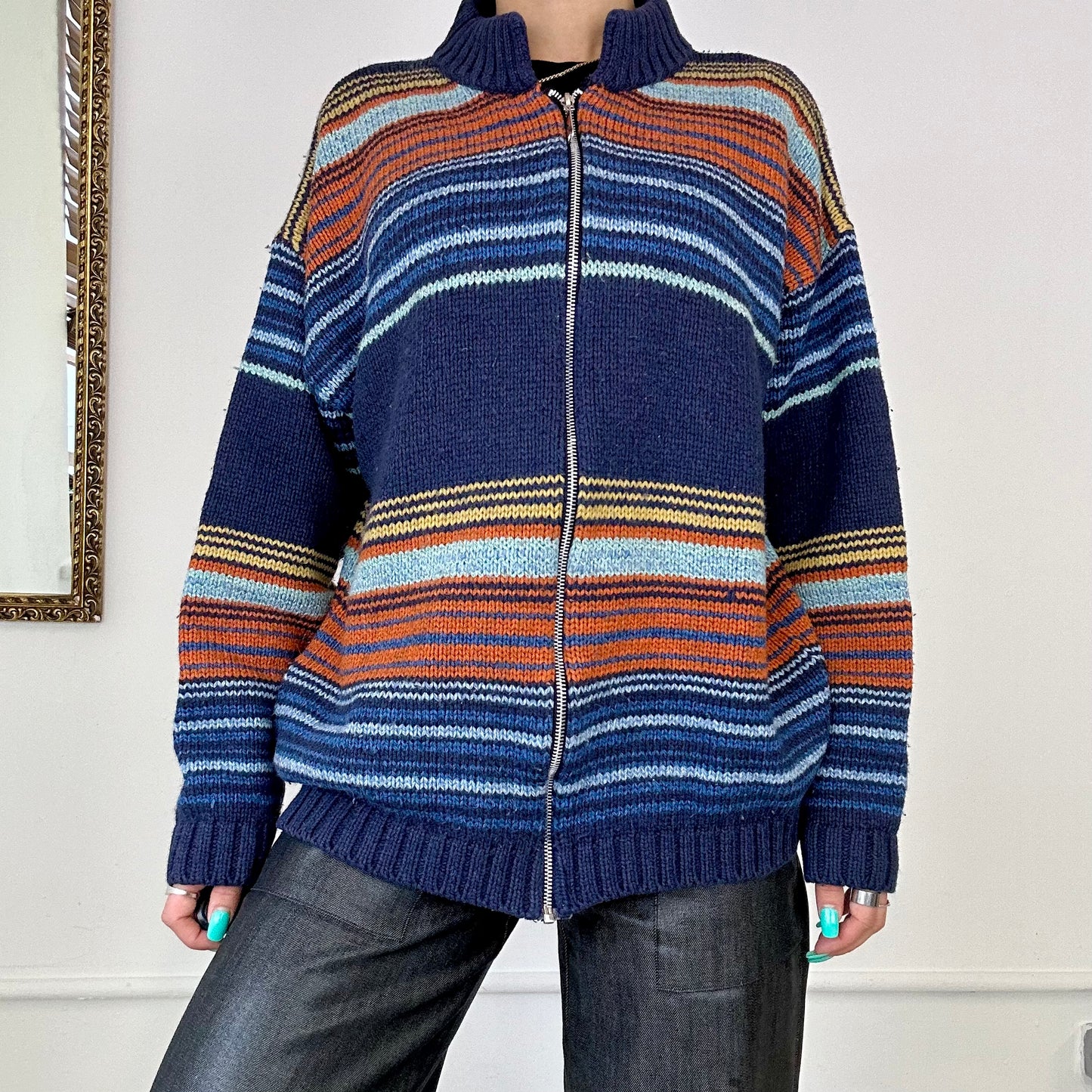 vintage striped chunky knit zip up jumper